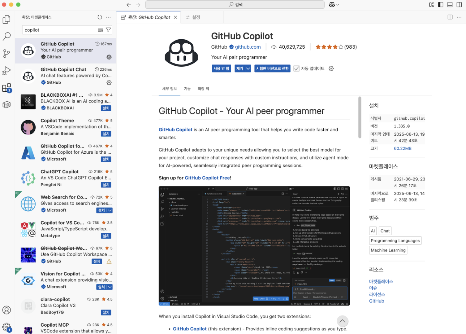 플러그인으로 설치할 수 있는 copilot
