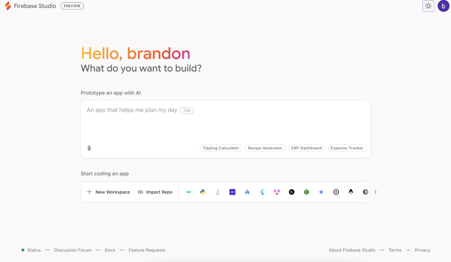 대화형 인터페이스를 주로 하는 유형의 AI 에디터 (firebase-studio)